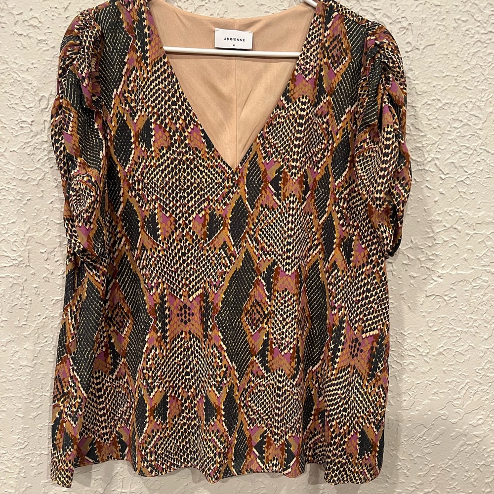 Adrienne Black Tan Asymmetrical 3/4 Sleeve Blouse